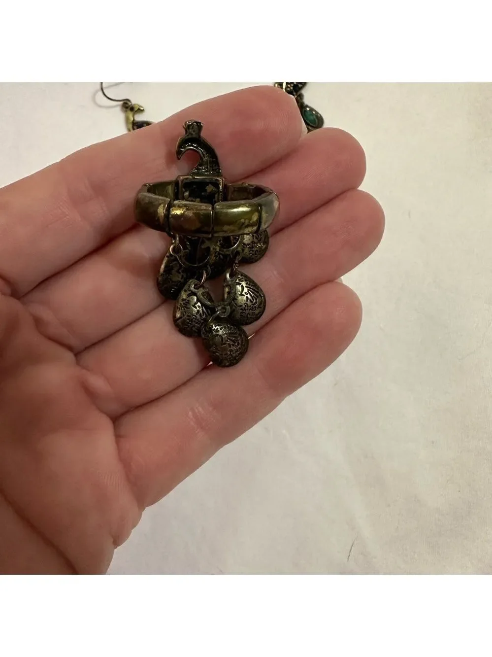 VINTAGE BOHEMIAN PEACOCK CHANDELIER EARRINGS & RING SET OCEAN HUES STATEMENT LUX